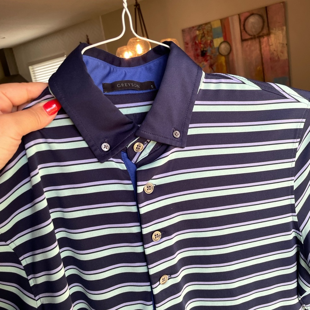 Greyson Men's Navy Striped Golf Polo Shirt - S